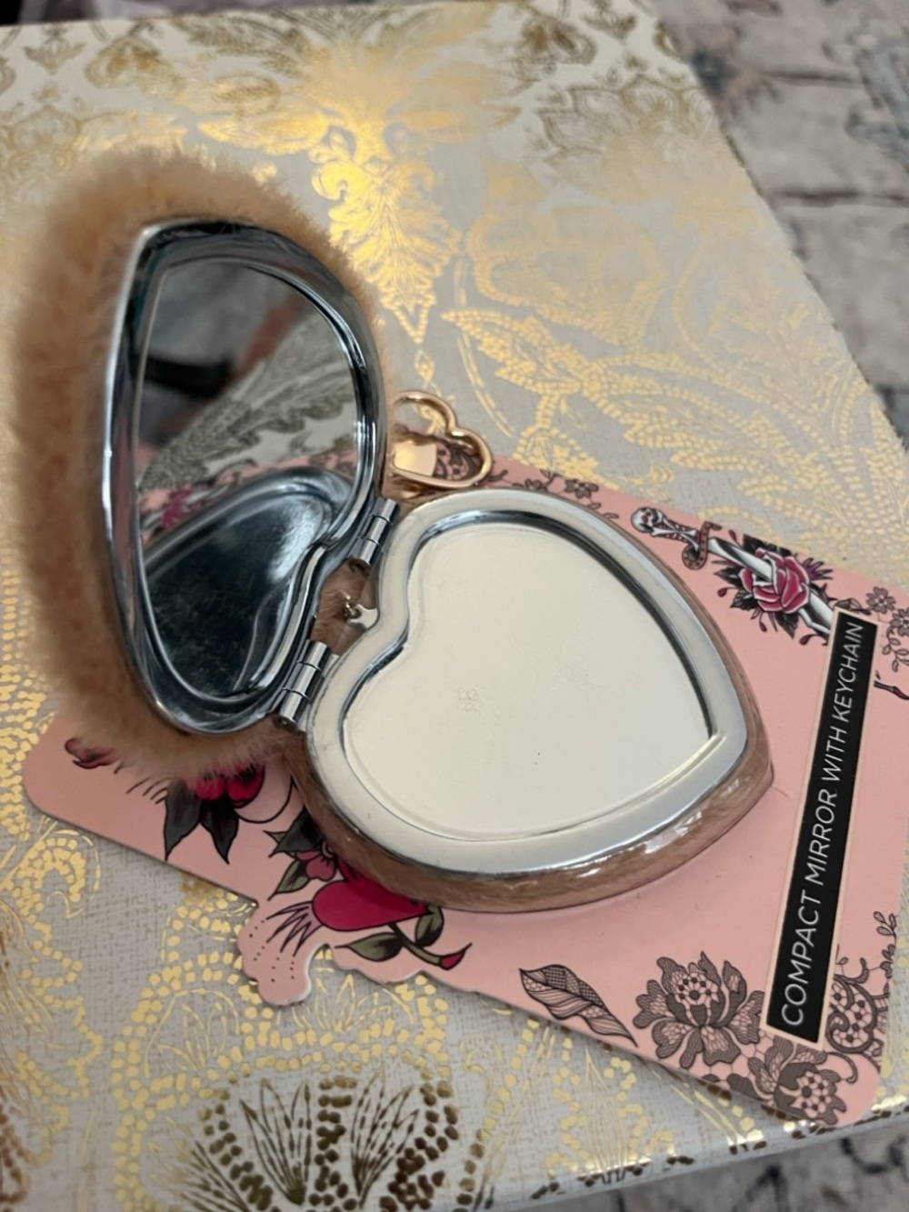 Ed Hardy Heart-Shaped Compact Mirror with Pink Faux Fur Trim